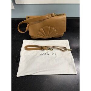Nat & Nin Chelsea Leather Shoulder Crossbody Bag Camel Tan Fan Flap w/ Strap